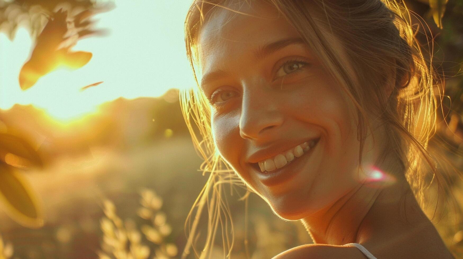 young woman outdoors looking at camera smiling photo