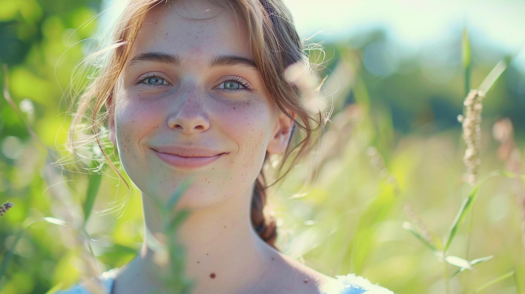 young woman outdoors looking at camera smiling photo