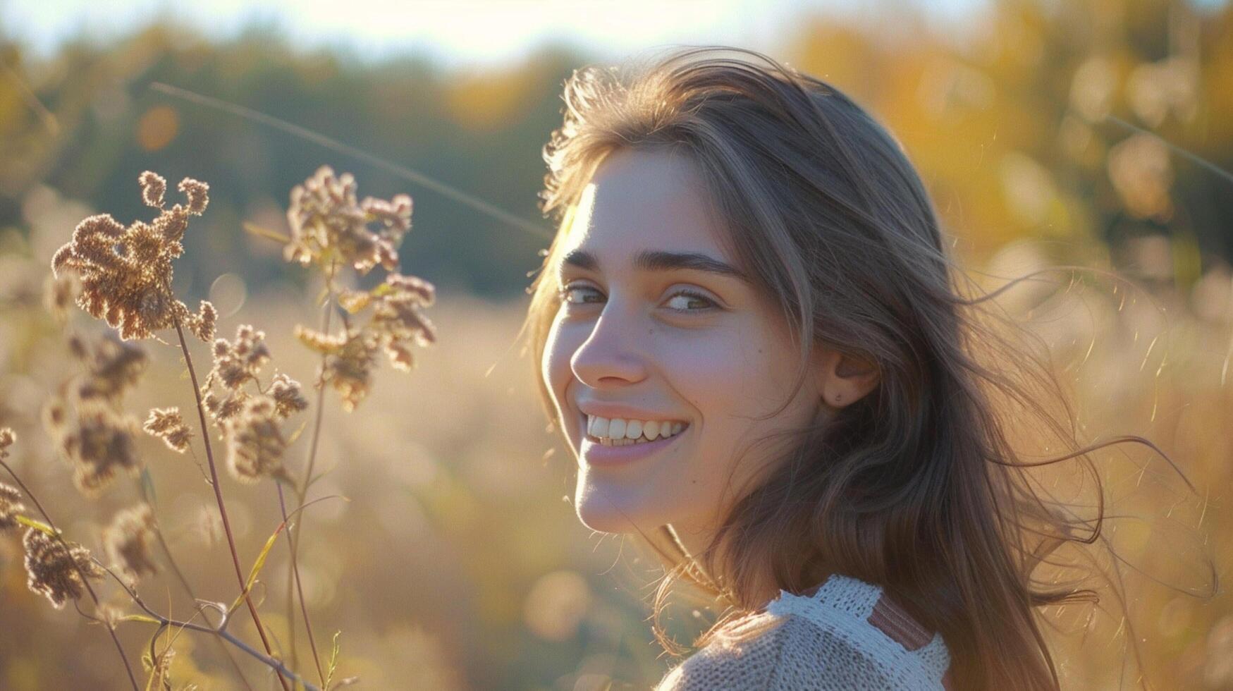 young woman outdoors looking at camera smiling photo