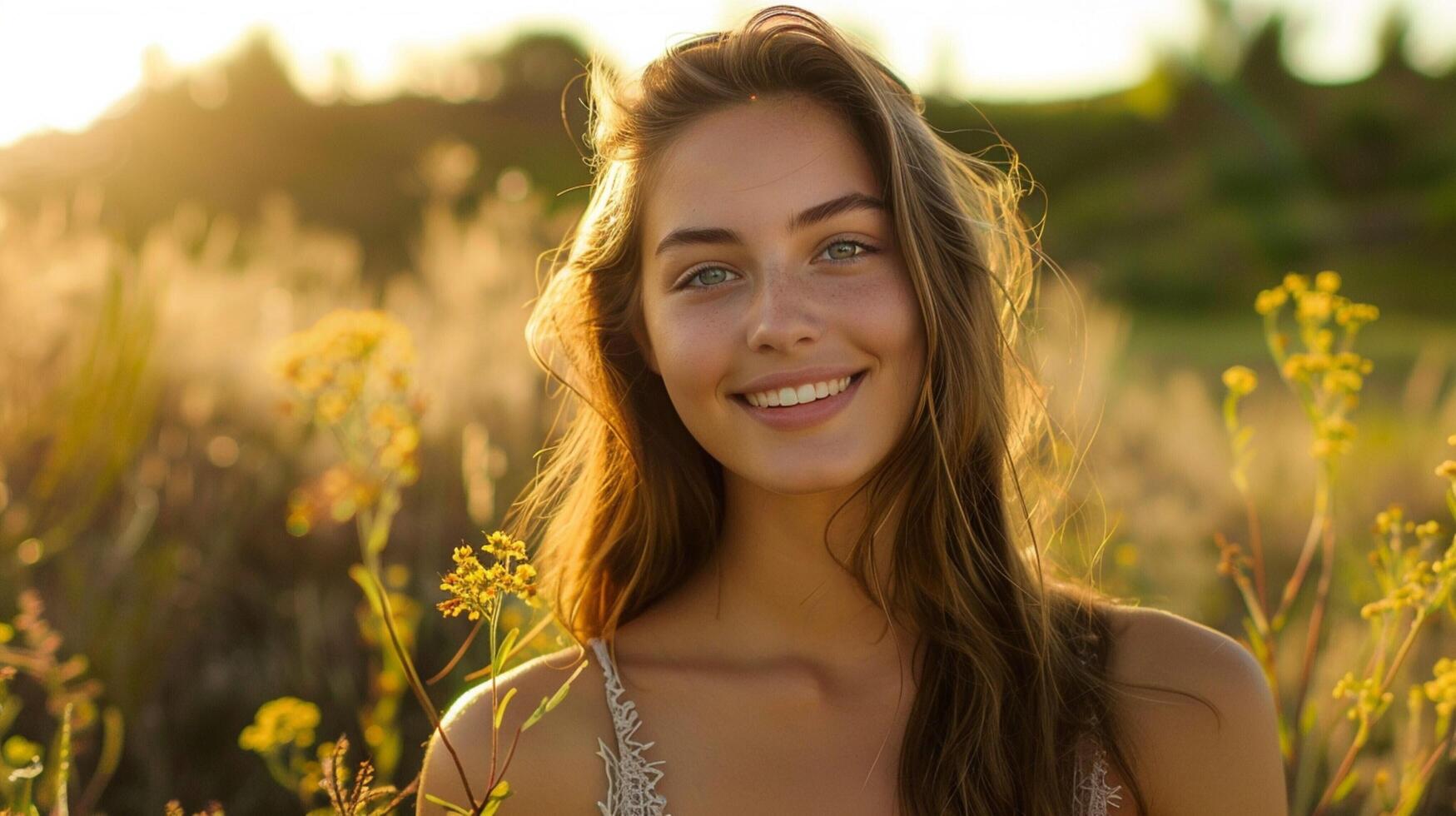 young woman outdoors looking at camera smiling photo