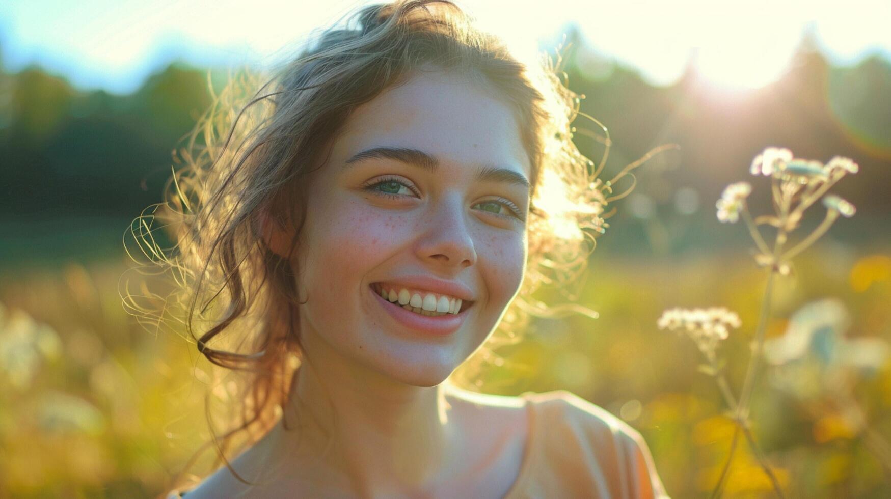 young woman outdoors looking at camera smiling photo