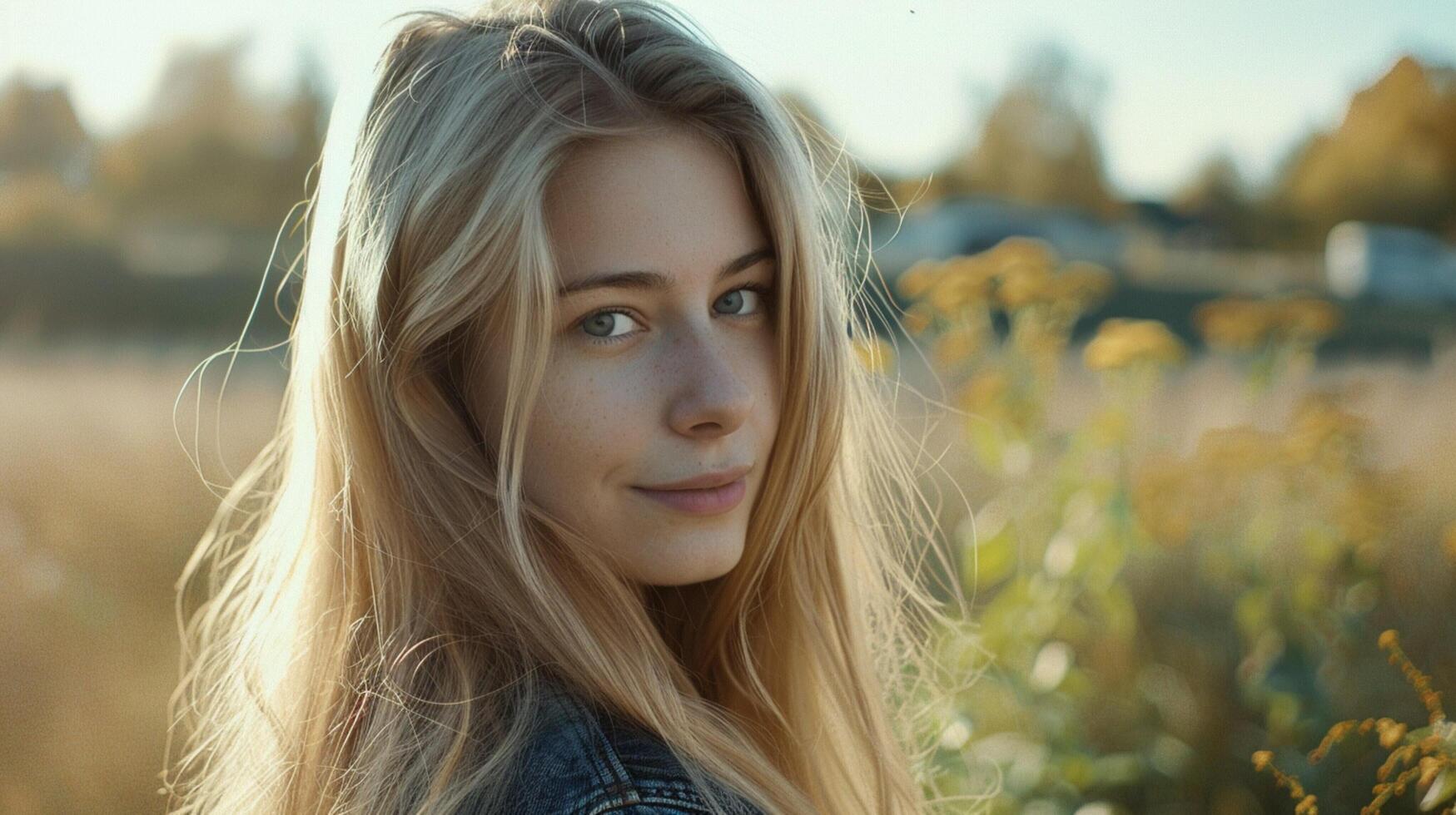 young woman with long blond hair looking at camera photo