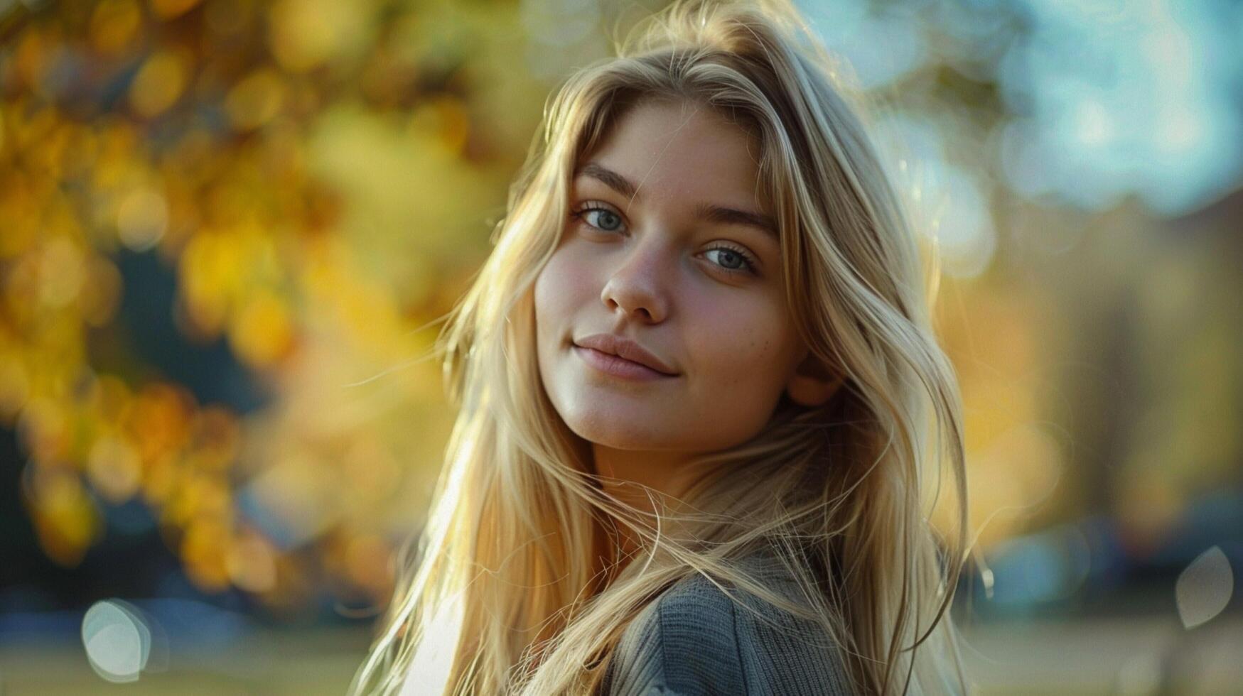 young woman with long blond hair looking at camera photo
