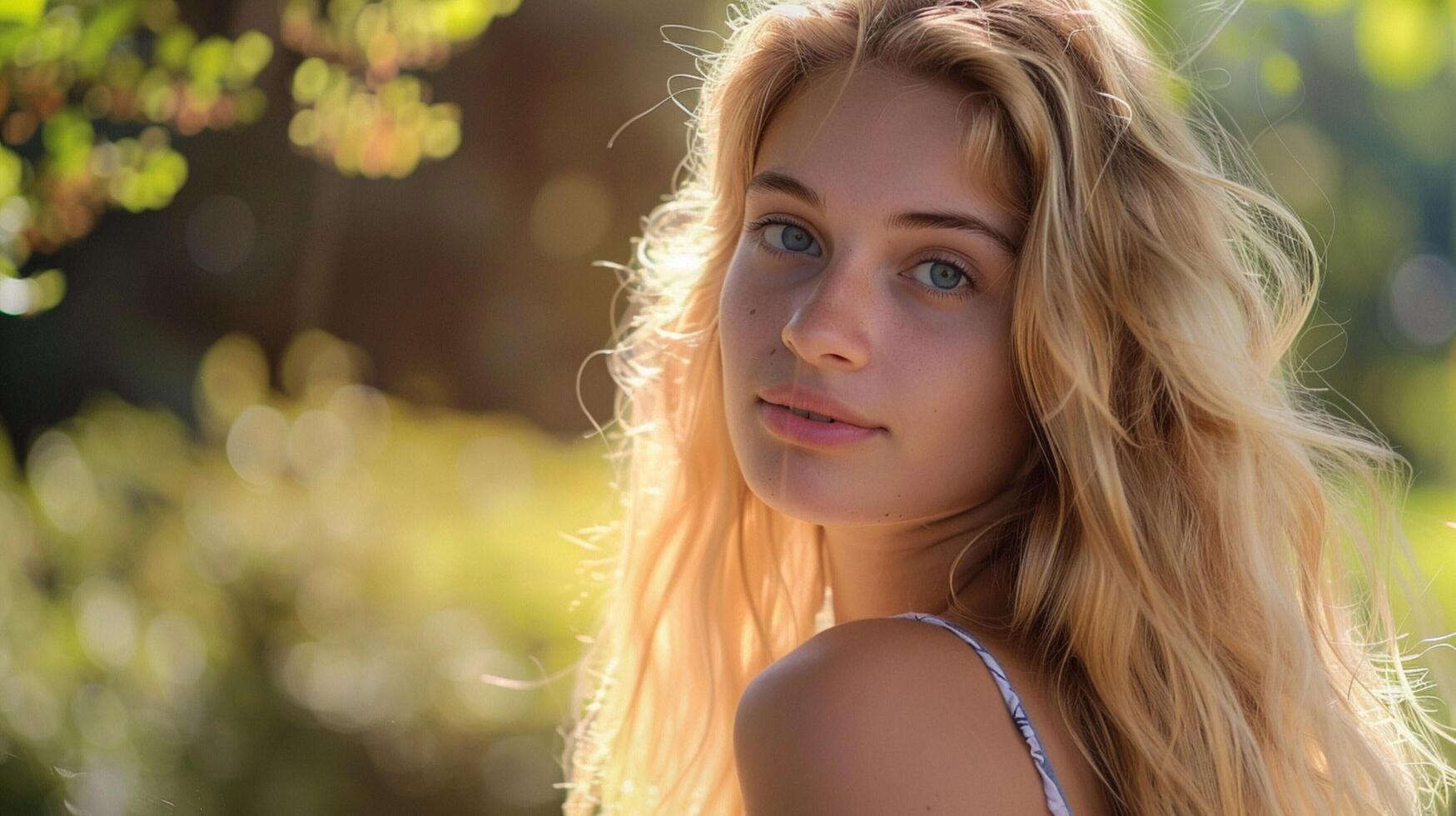 young woman with long blond hair looking at camera photo