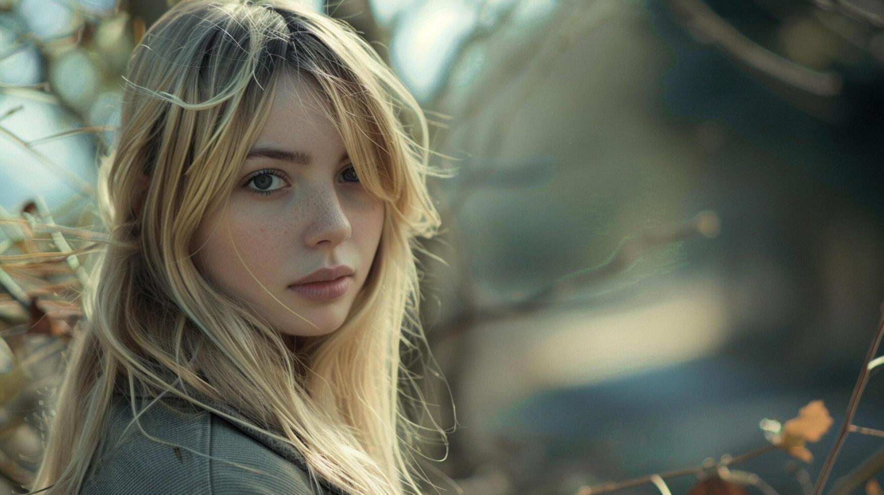 young woman with long blond hair looking at camera photo