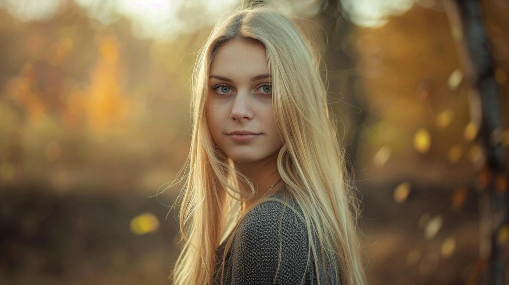 young woman with long blond hair looking at camera photo