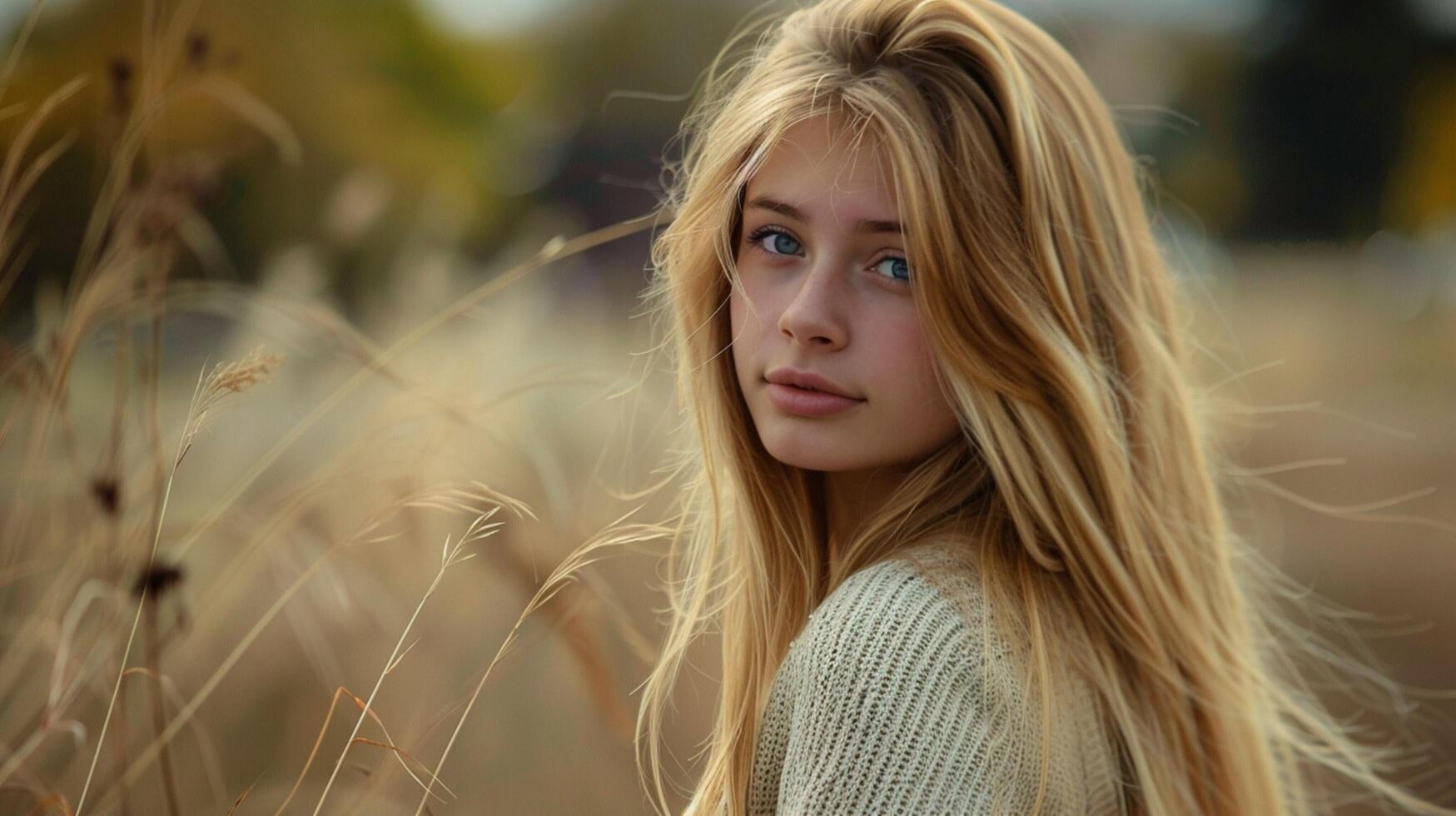 young woman with long blond hair looking at camera photo