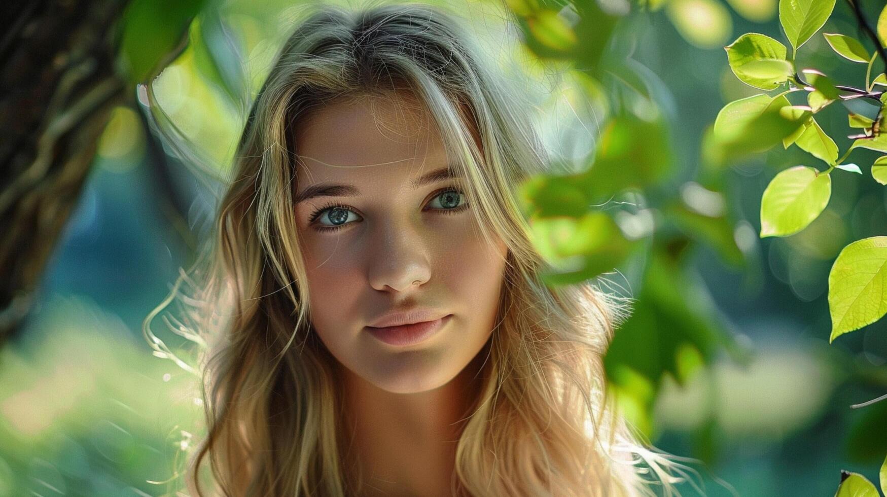 young woman with long blond hair looking at camera photo