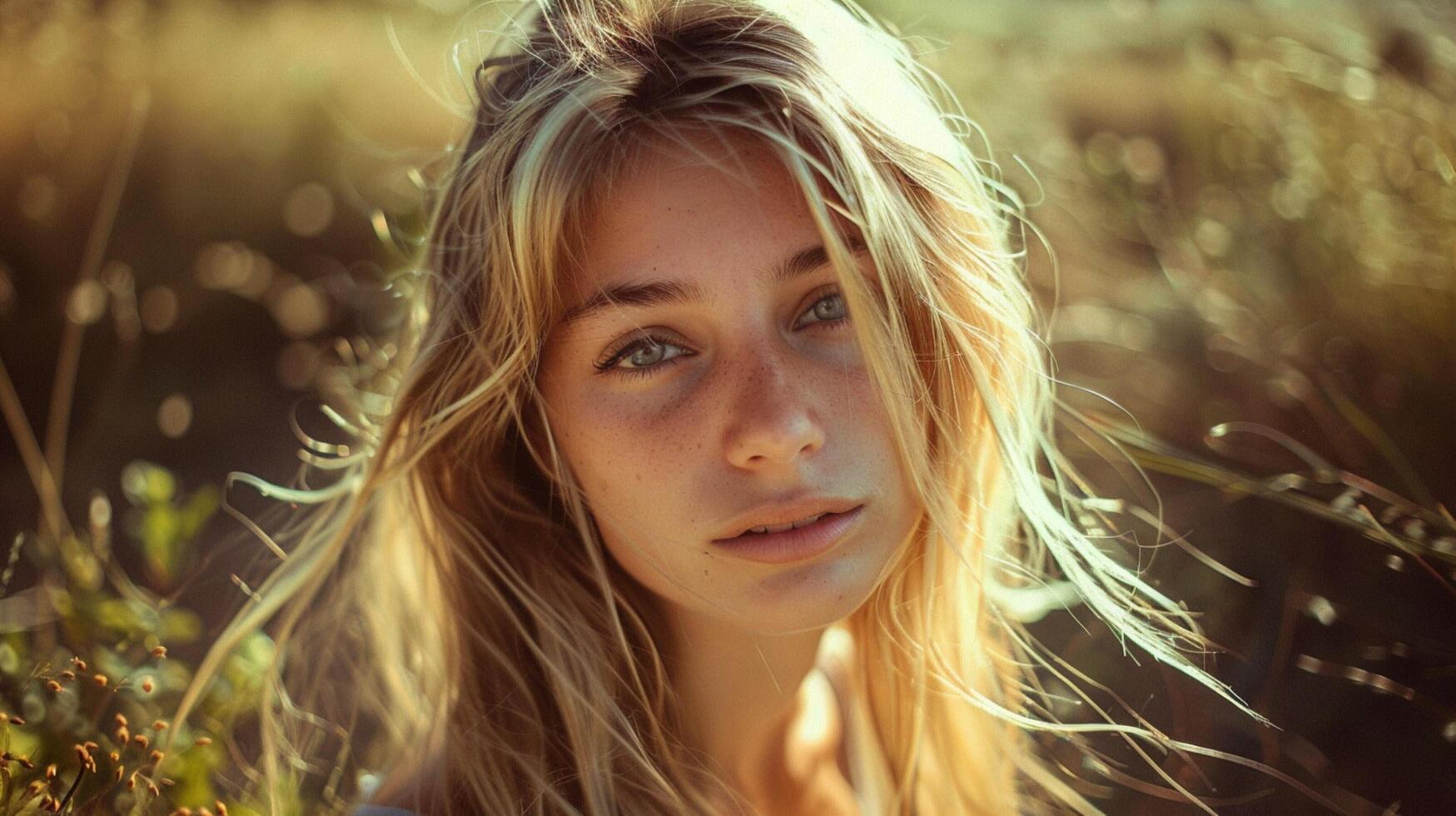 young woman with long blond hair looking at camera photo