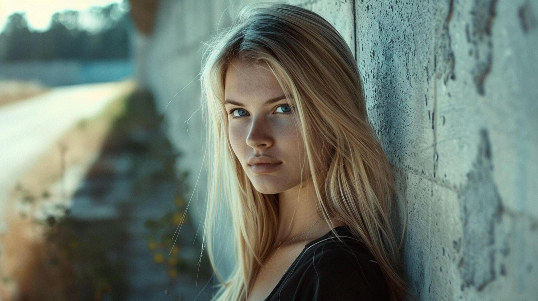 young woman with long blond hair looking at camera photo