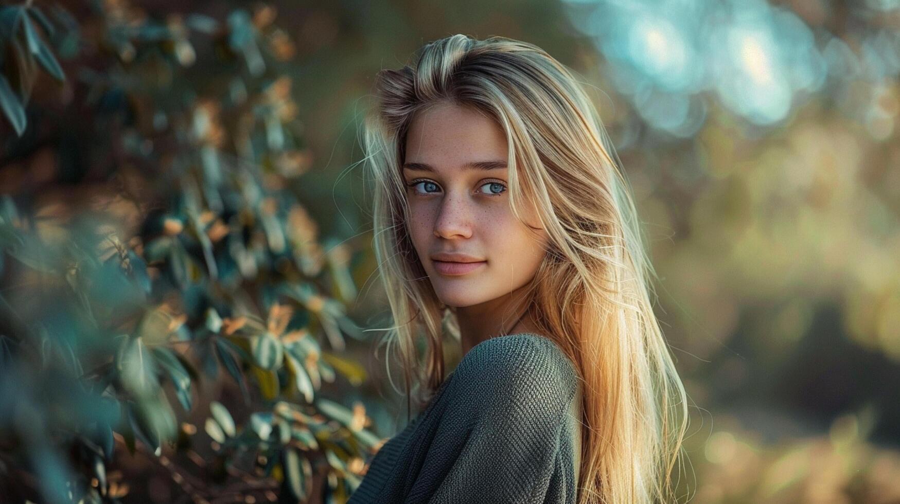 young woman with long blond hair looking at camera photo
