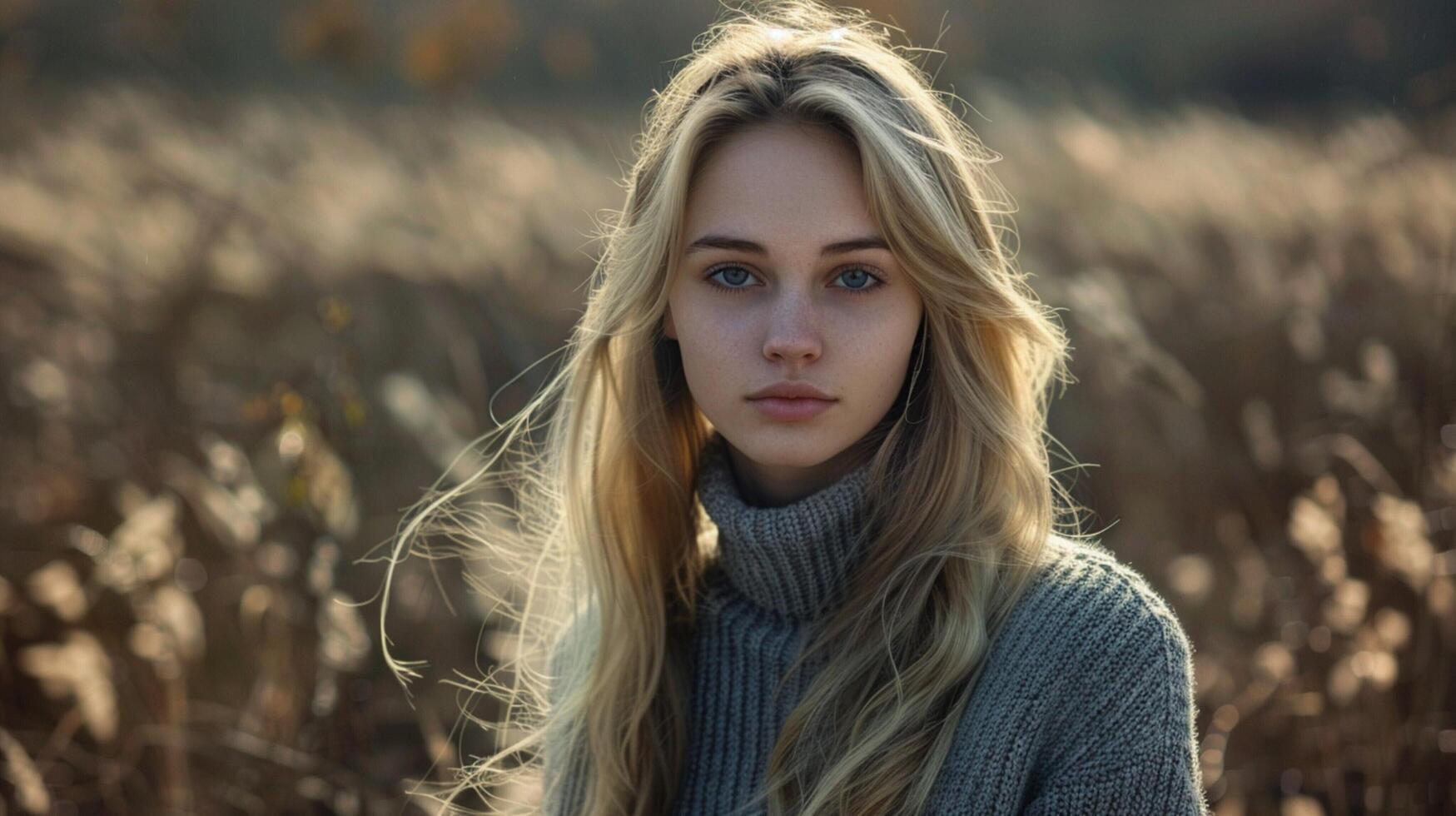 young woman with long blond hair looking at camera photo
