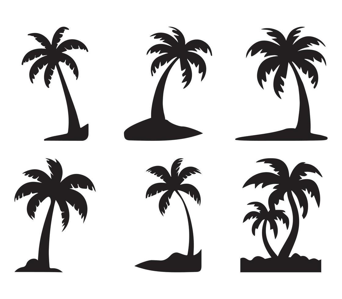 Black Palm Trees Set Isolated On White Background. Palm Silhouettes. Design Of Palm Trees For Posters, Banners, And Promotional Items. Illustration. vector