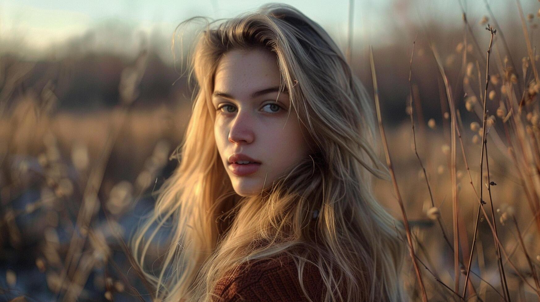 young woman with long blond hair looking at camera photo