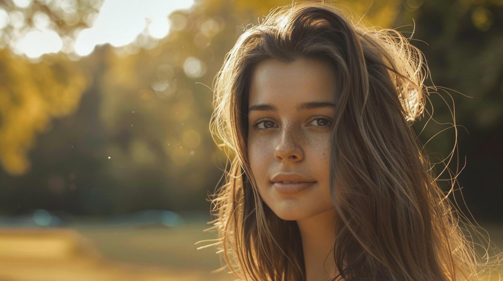young woman with long brown hair looking at camera photo