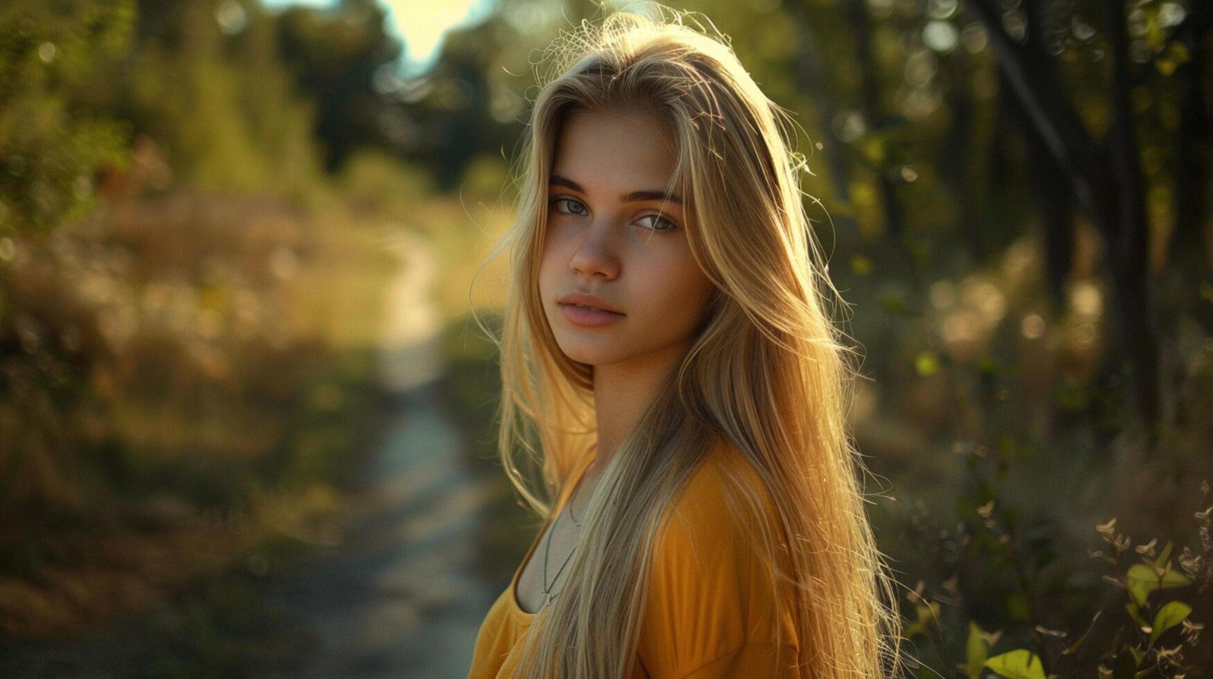young woman with long blond hair looking at camera photo