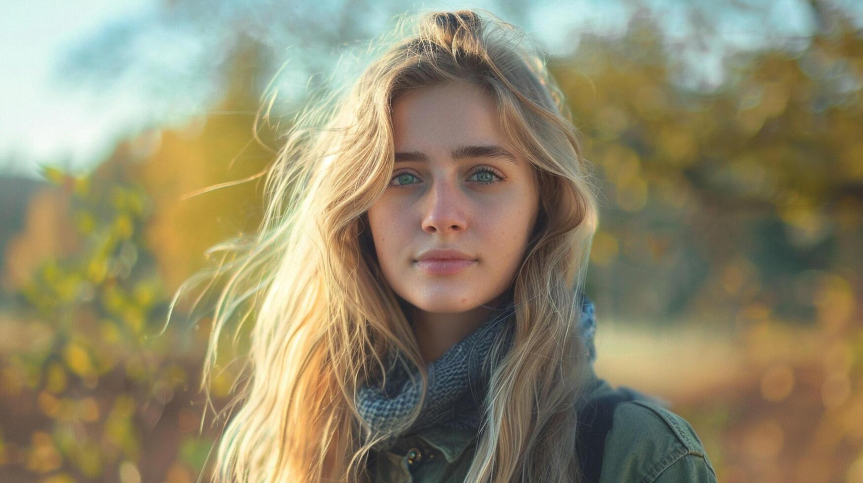 young woman with long blond hair looking at camera photo