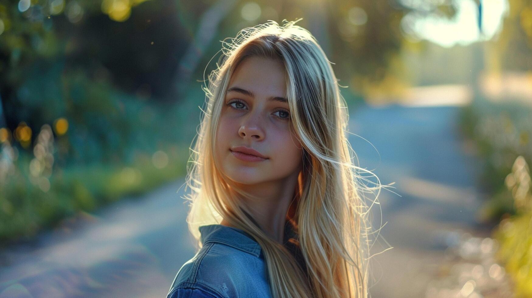 young woman with long blond hair looking at camera photo