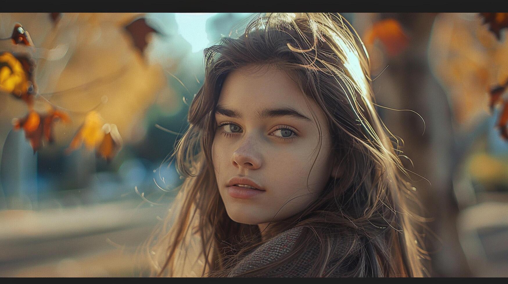 young woman with long brown hair looking at camera photo