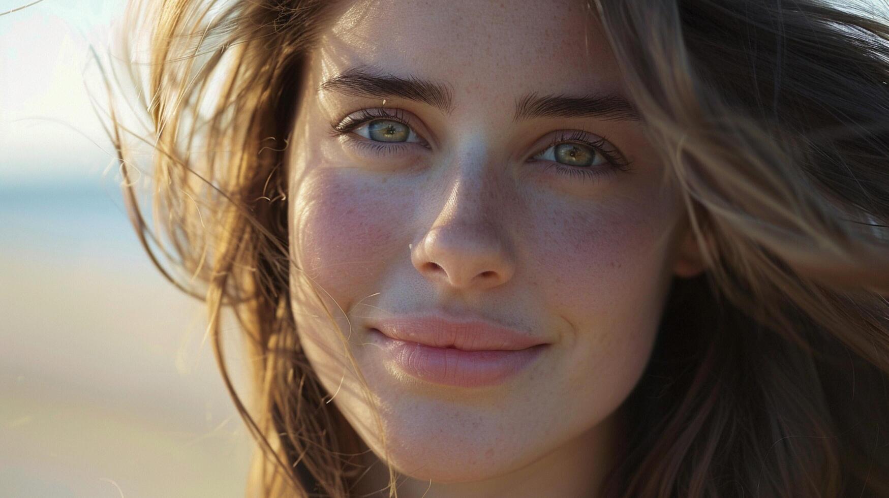 young woman with long brown hair looking at camera photo