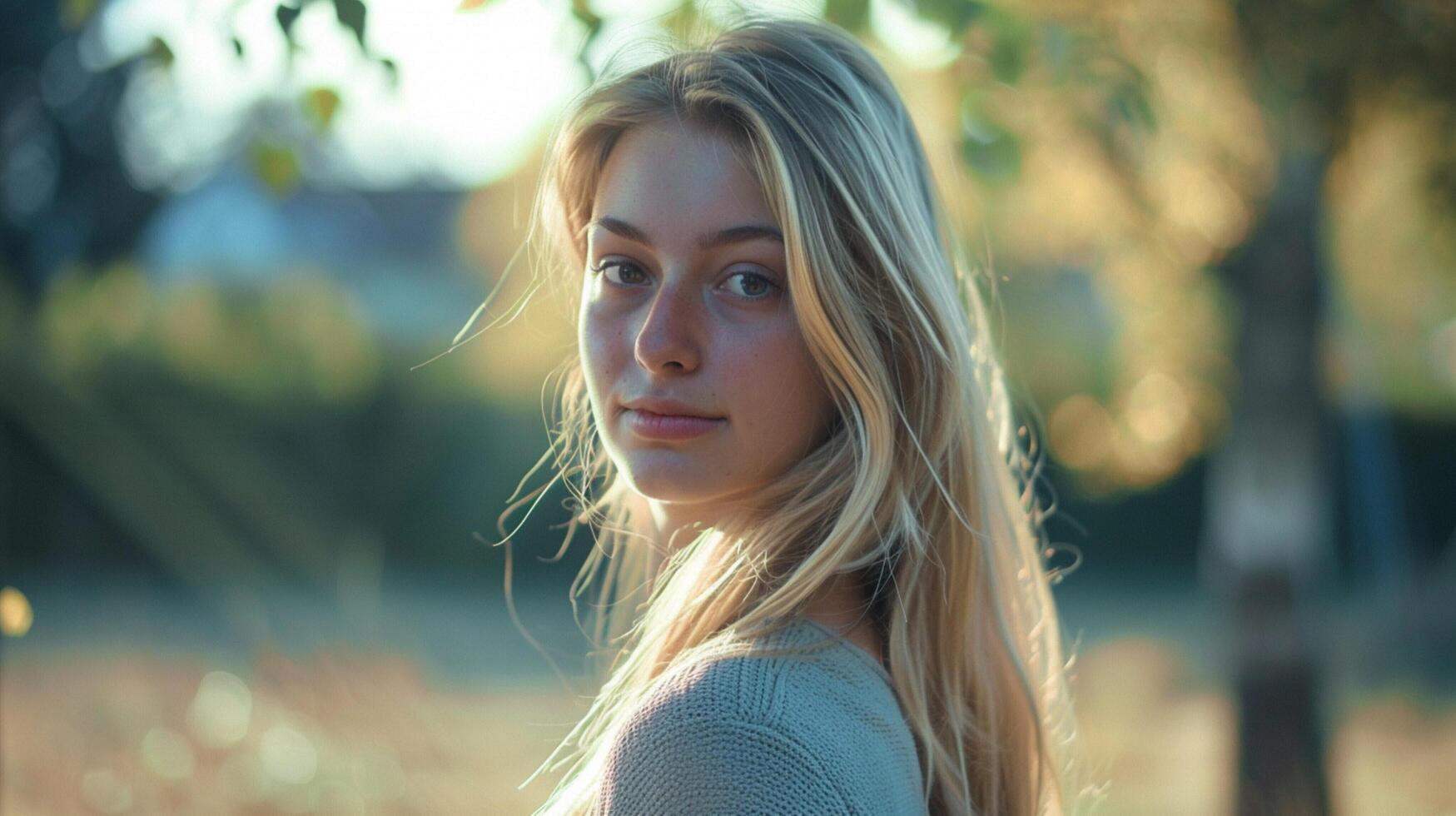 young woman with long blond hair looking at camera photo