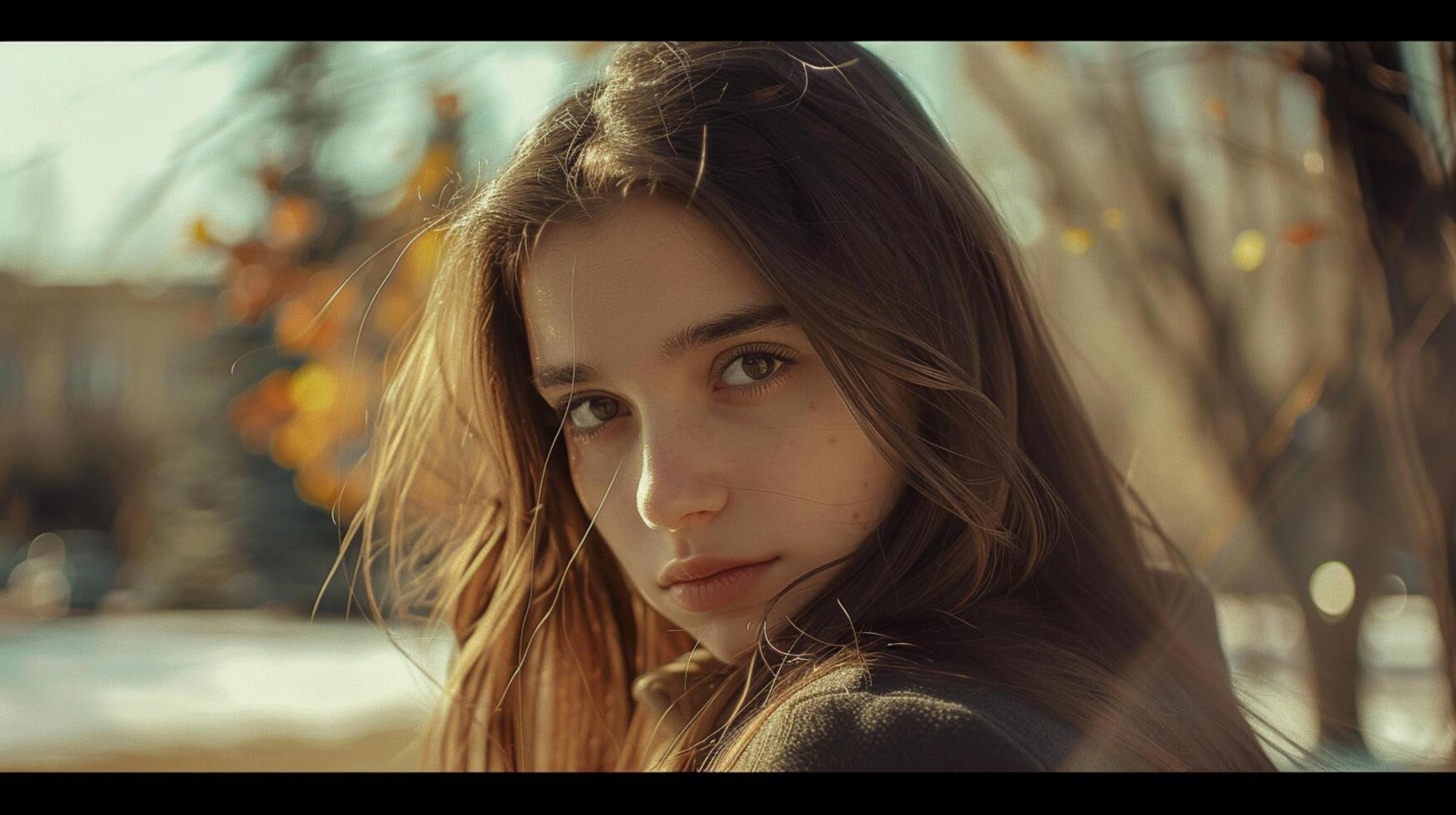 young woman with long brown hair looking at camera photo