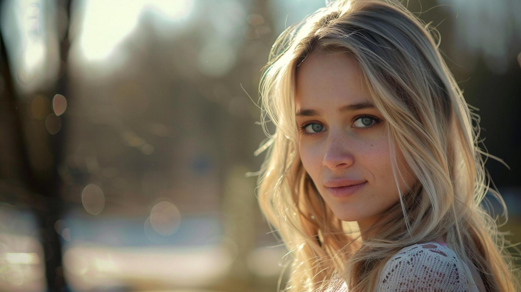 young woman with long blond hair looking at camera photo