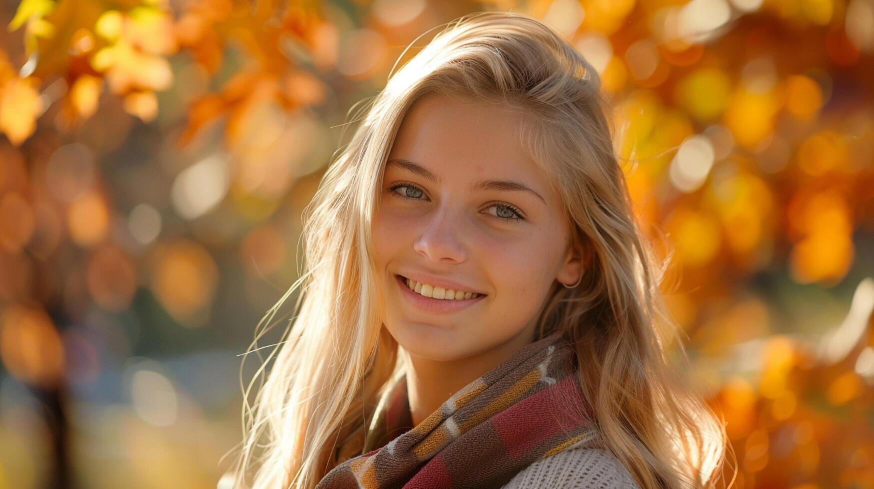 young woman with long blond hair smiling outdoor photo