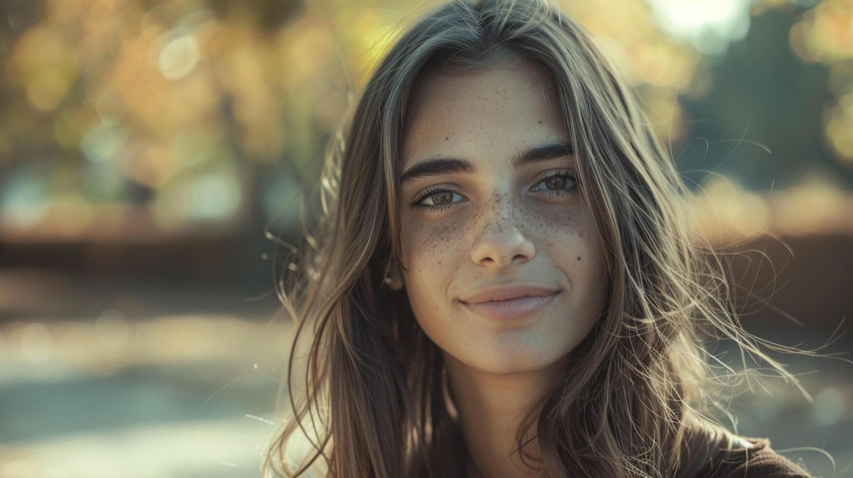 young woman with long brown hair looking at camera photo