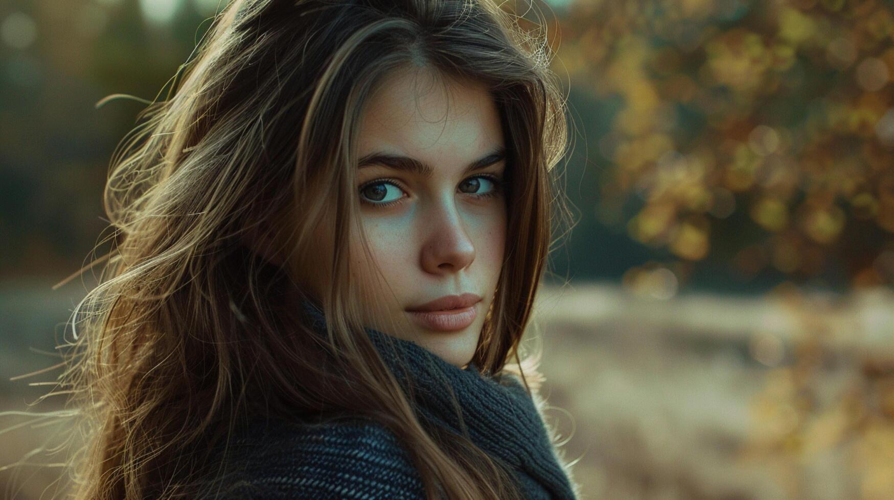 young woman with long brown hair looking at camera photo