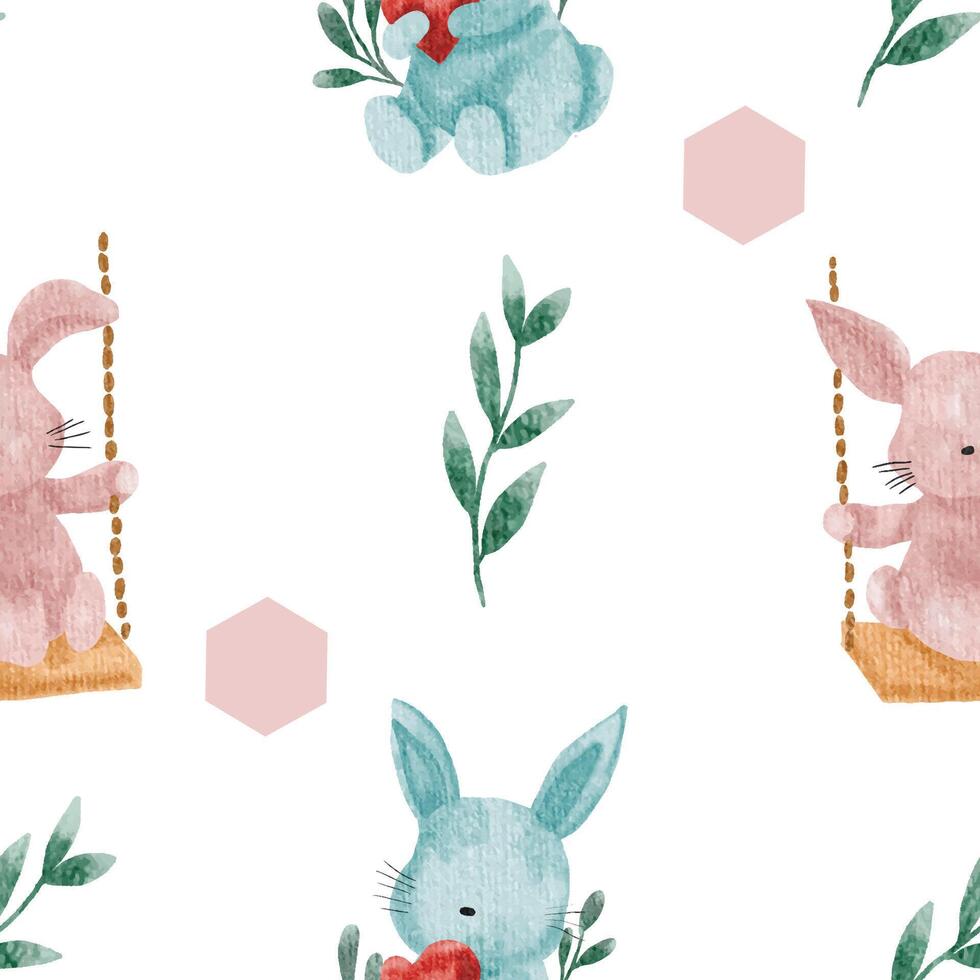 Cute Pink Rabbit Cartoon Watercolor Seamless Pattern vector