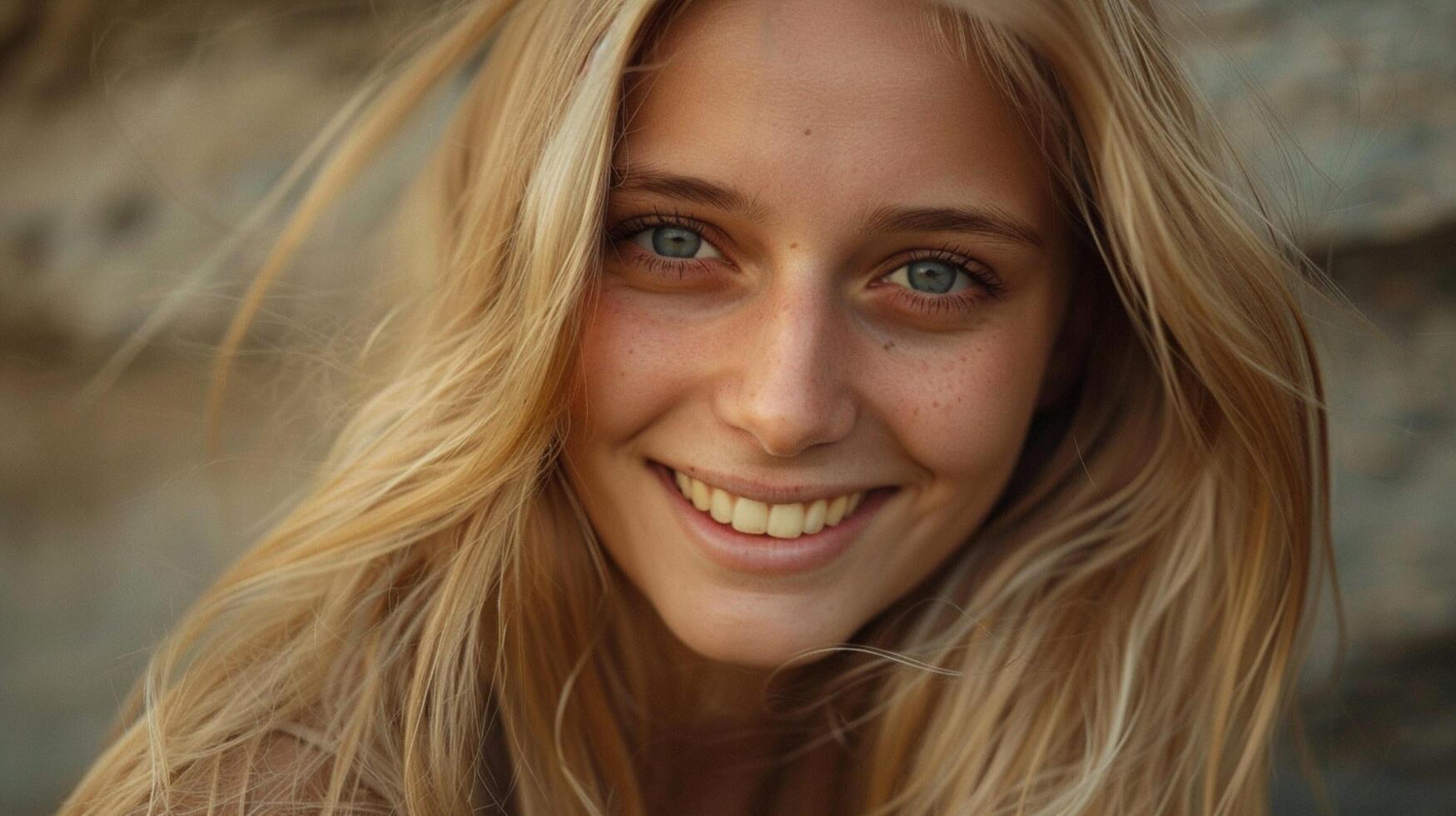 young woman with long blond hair smiling photo