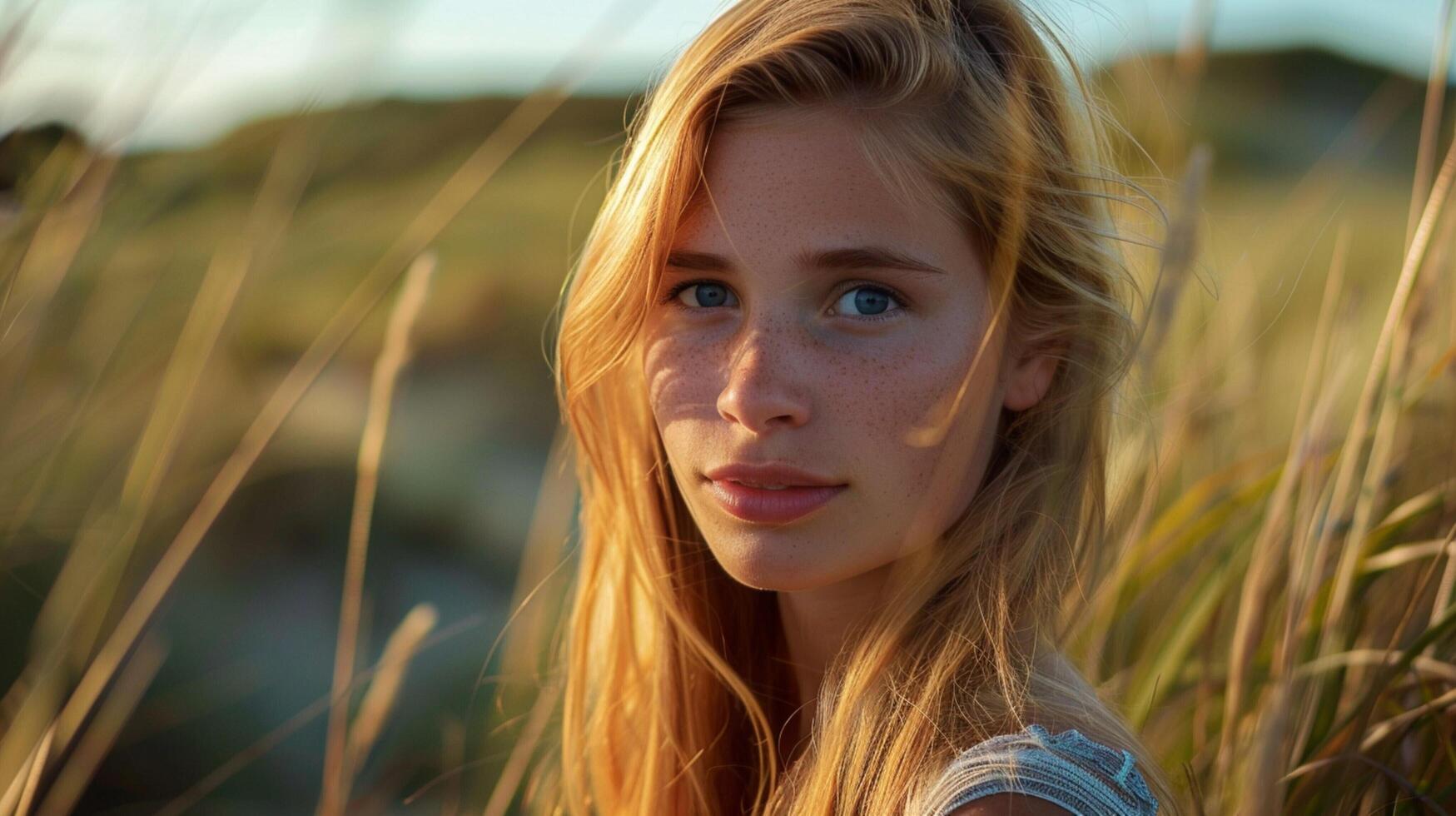 young woman with long blond hair looking at camera photo