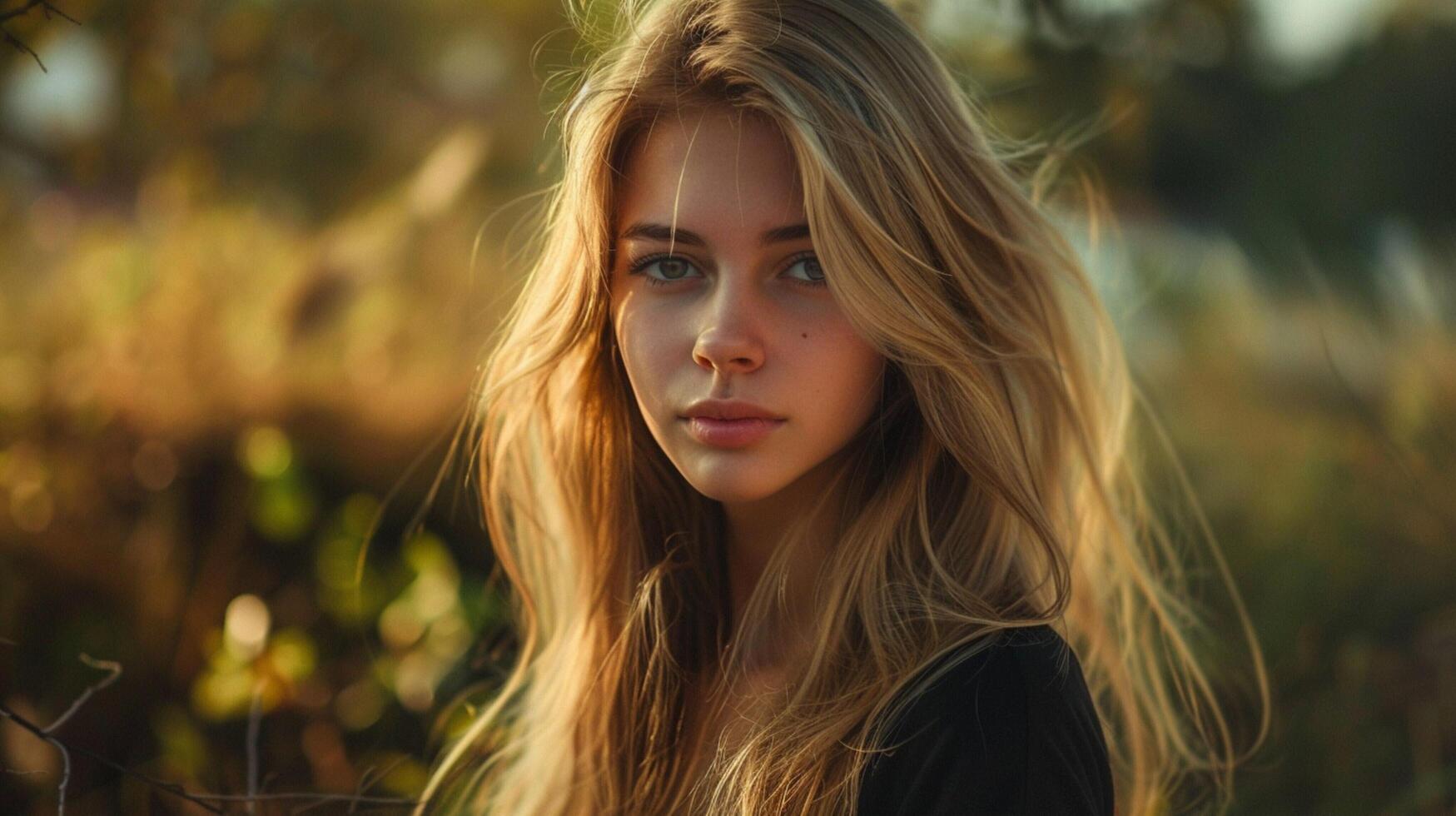 young woman with long blond hair looking at camera photo