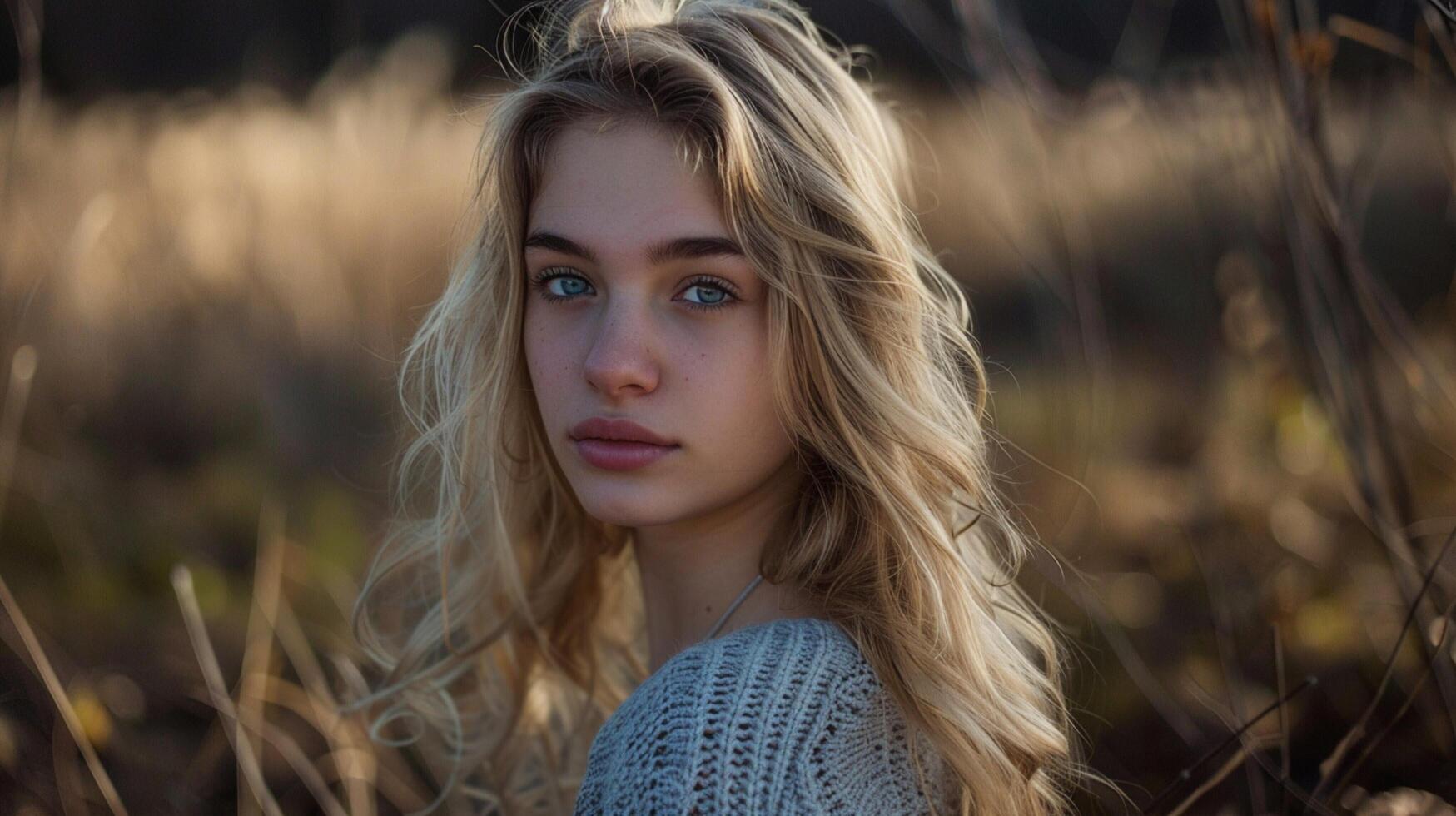 young woman with long blond hair looking at camera photo
