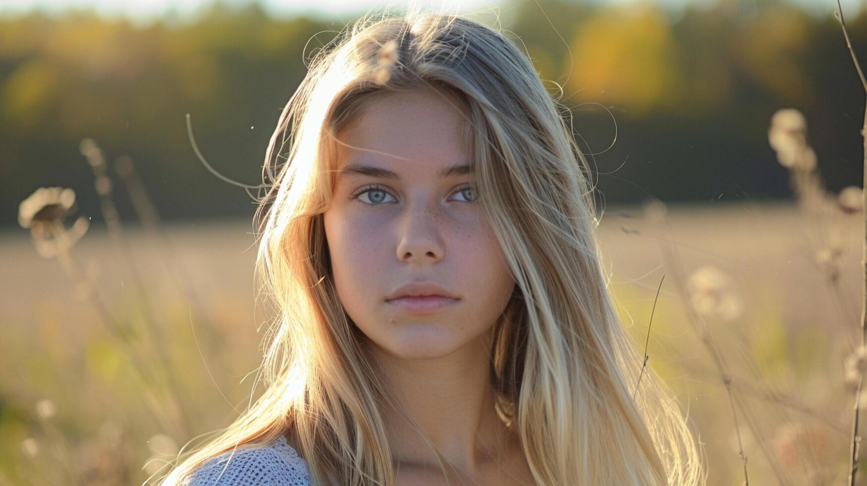 young woman with long blond hair looking at camera photo