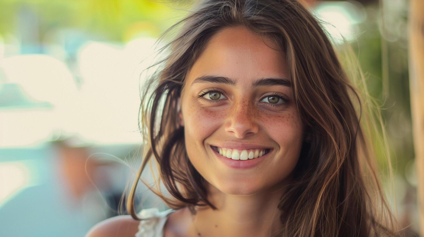 young woman with long brown hair smiling photo