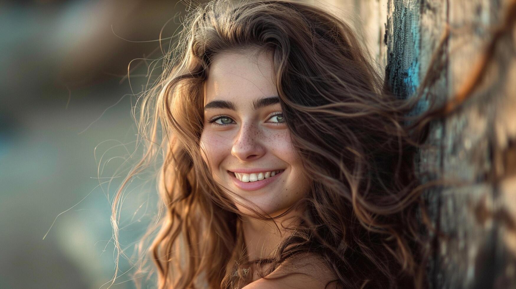 young woman with long brown hair smiling photo