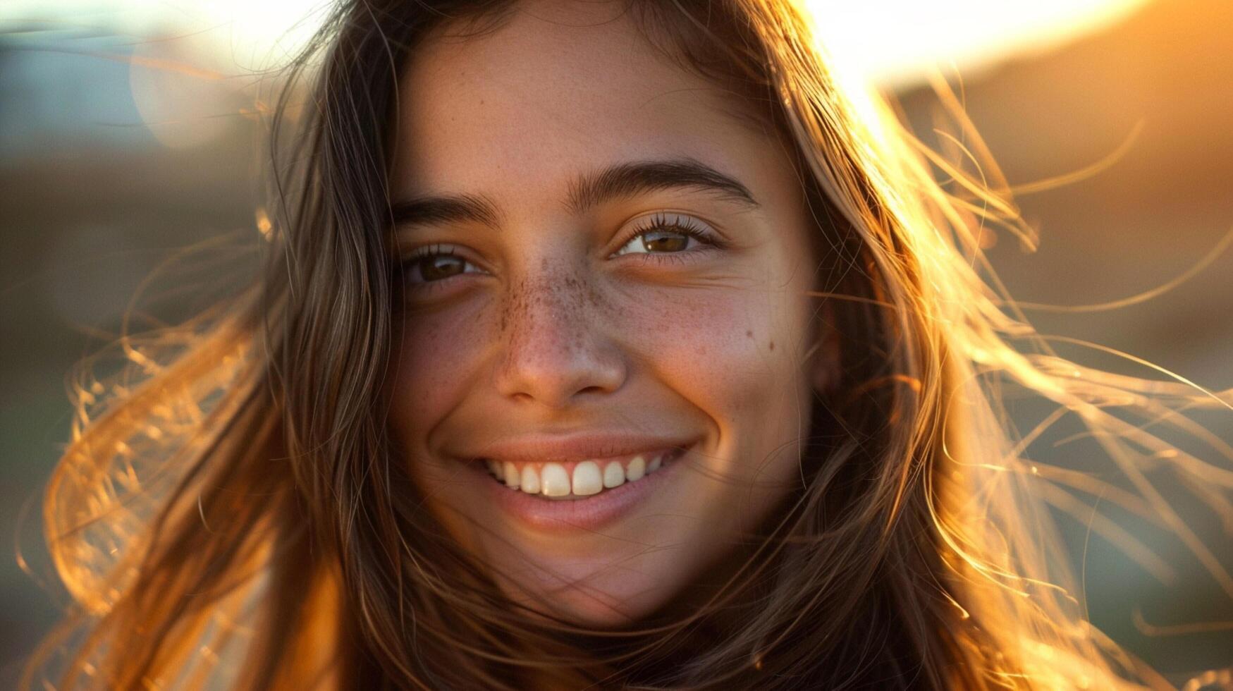 young woman with long brown hair smiling photo
