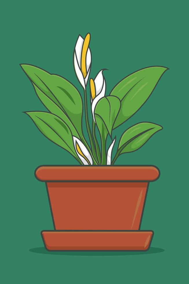 Illustration of peace lily plant in clay pot on green background vector