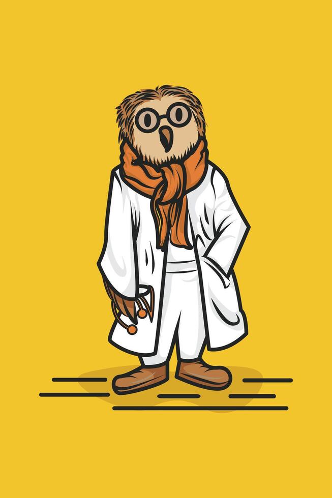 Illustration of an owl character with a doctor's outfit and a stethoscope on his wings vector