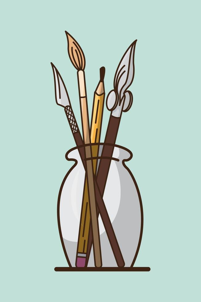 Illustration of several brushes and pencils in a glass pencil case vector