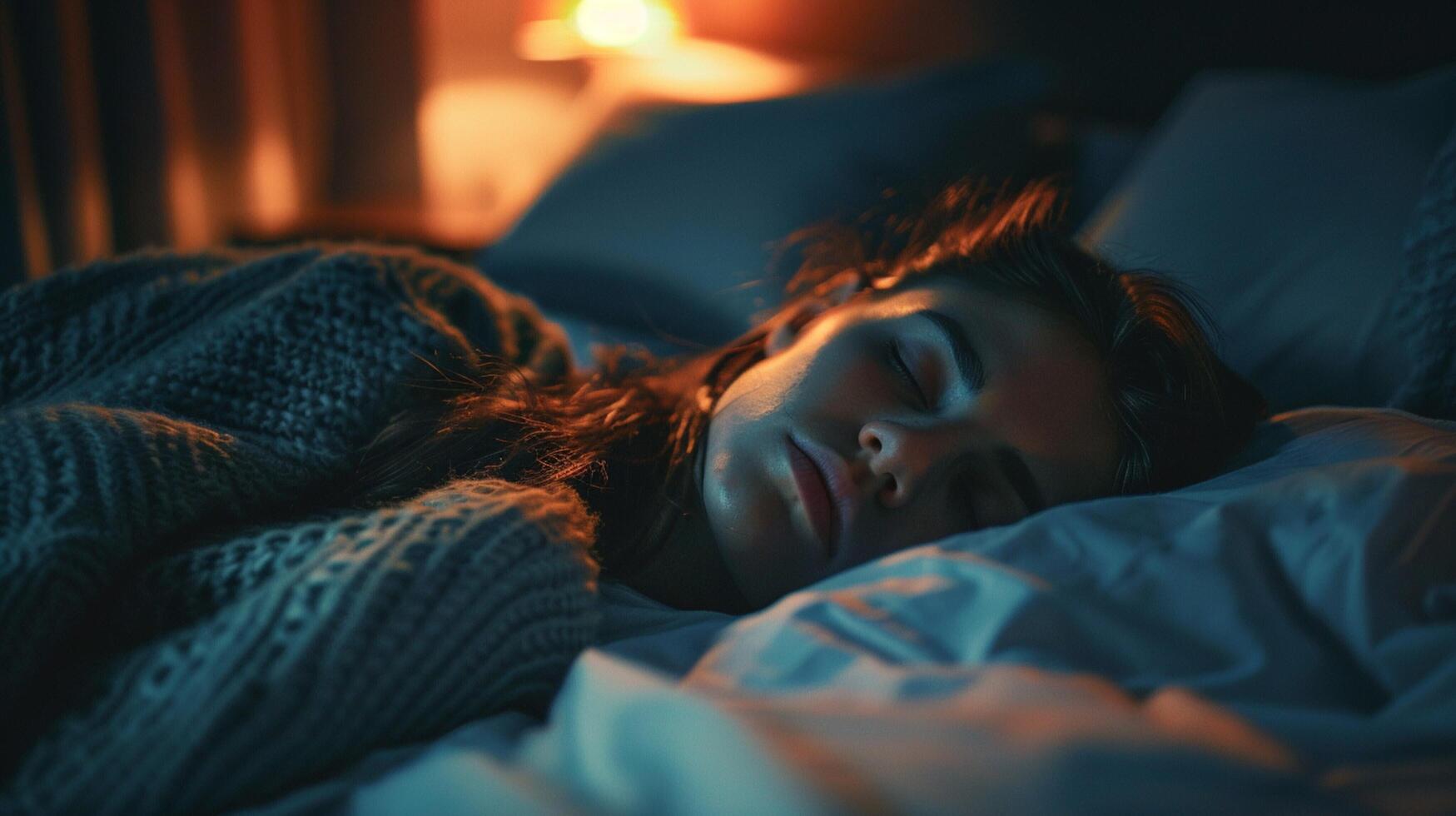 young woman resting comfortably in dark bedroom photo