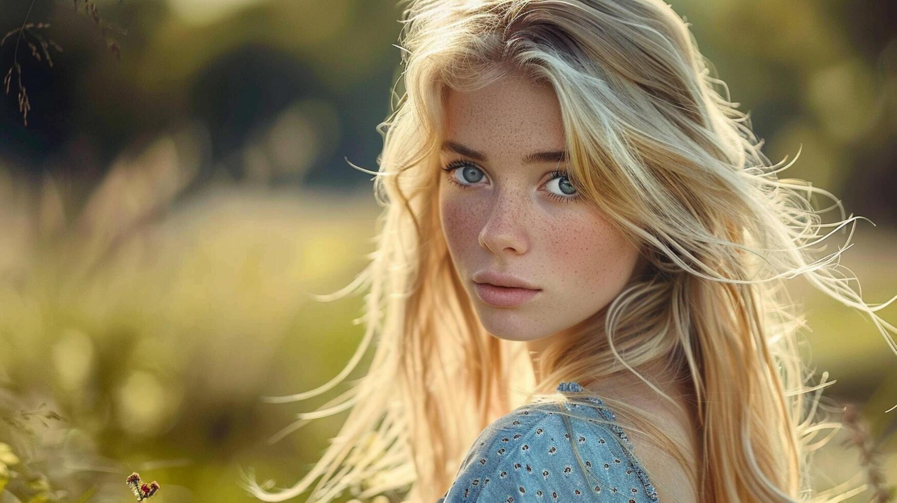 young woman with blond hair looking at camera photo