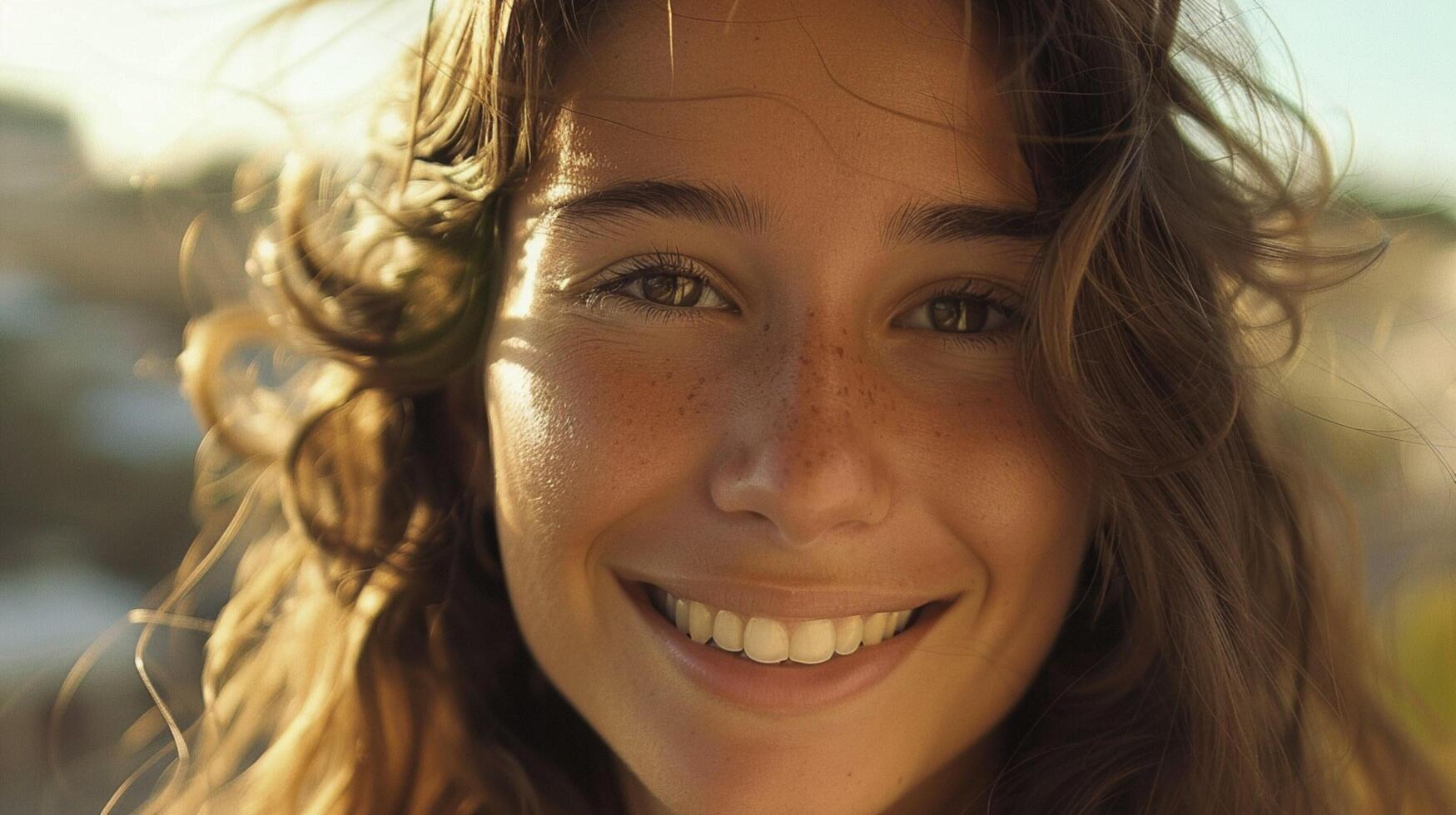 young woman with long brown hair smiling photo