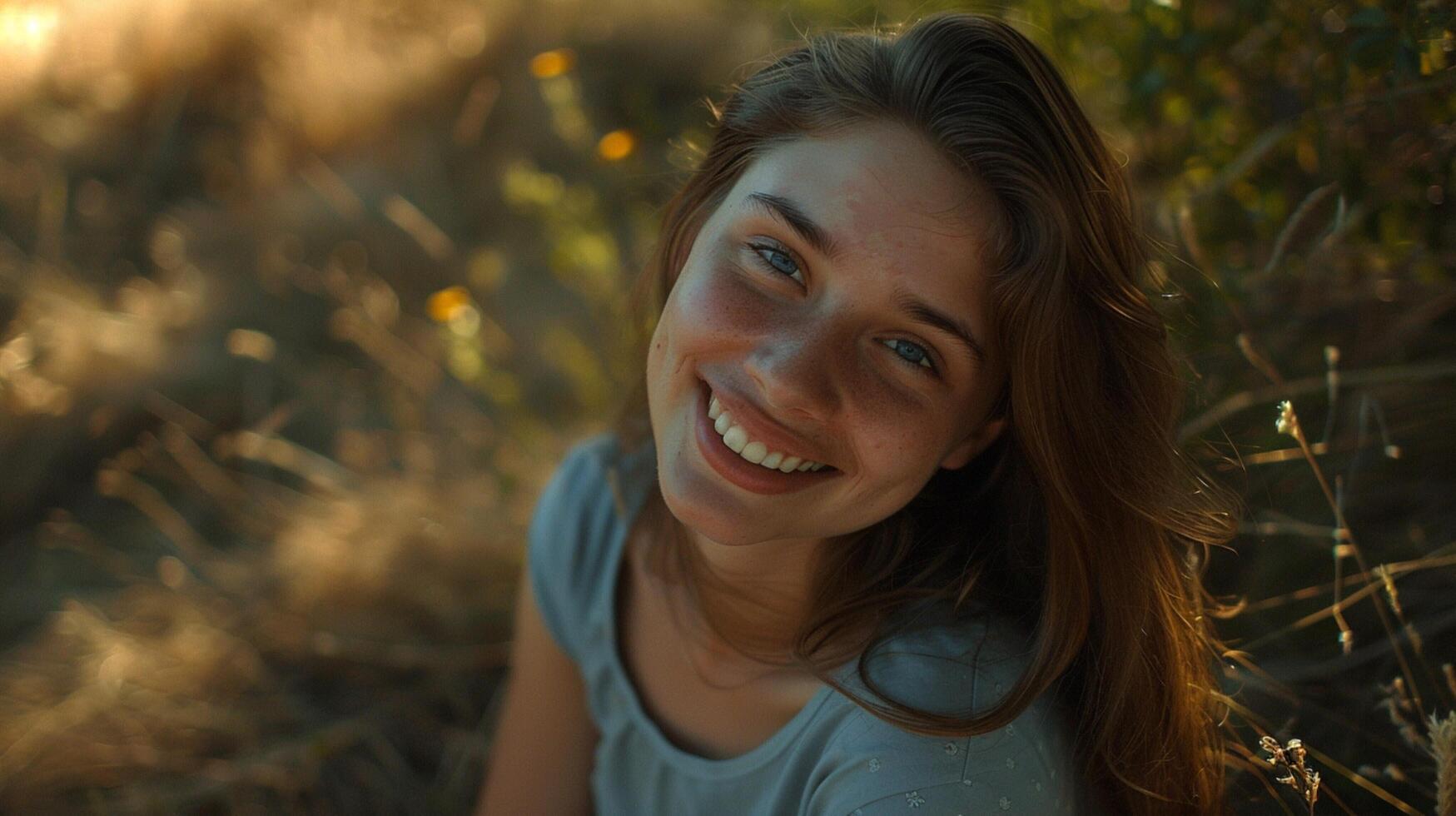 young woman with long brown hair smiling photo