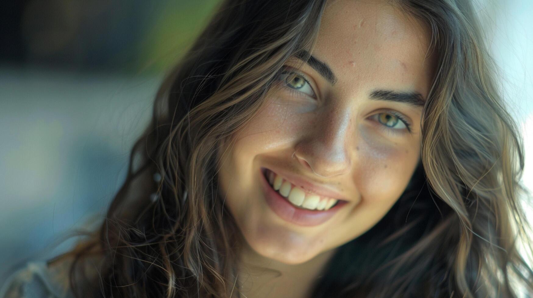 young woman with long brown hair smiling photo