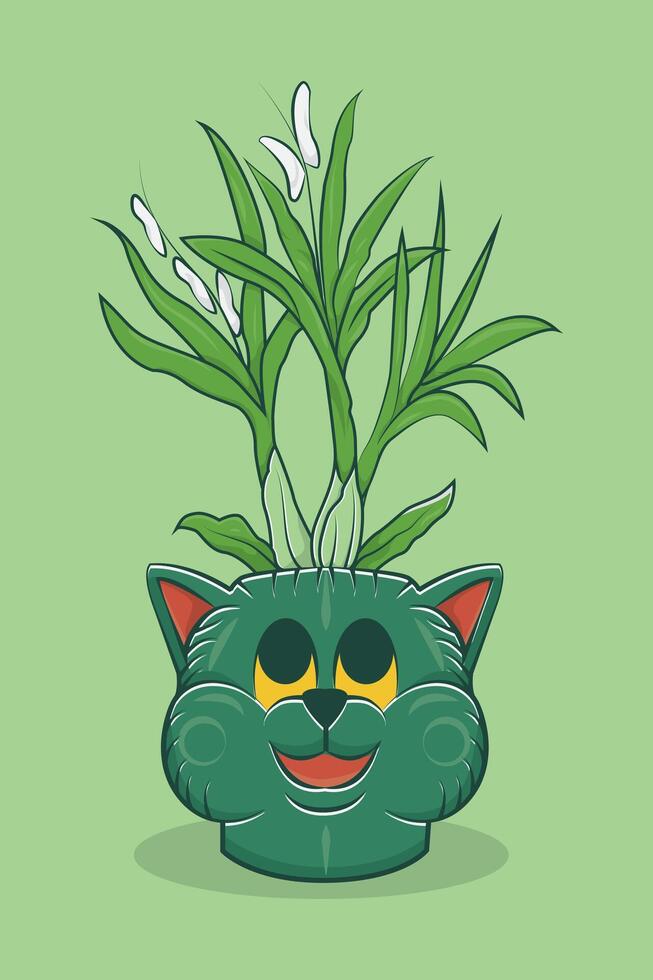 Illustration of a moon orchid plant in a pot in the shape of a cat's head on a lime green background vector
