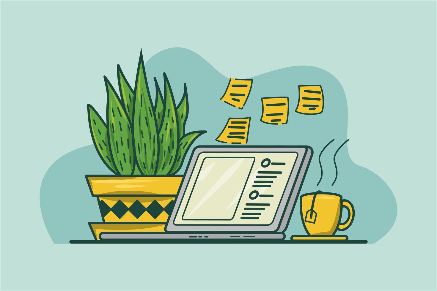 Illustration of a work desk complete with a laptop and sticky notes on the top of the laptop and ornamental plants beside the laptop vector