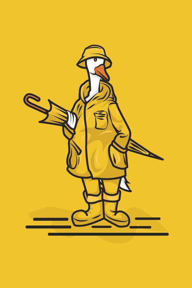Illustration of a swan character wearing a raincoat and holding an umbrella with a bucket hat on his head vector